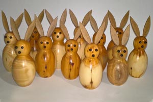 Hand turned wooden Easter bunnies