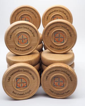 Handmade wooden maths trophies