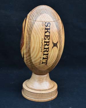 Hand made wooden rugby ball urn